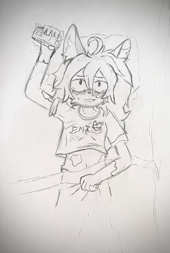 A girl with cat ears laying down on her bed crying at 3 am, as her phone shows 0 new messages 
