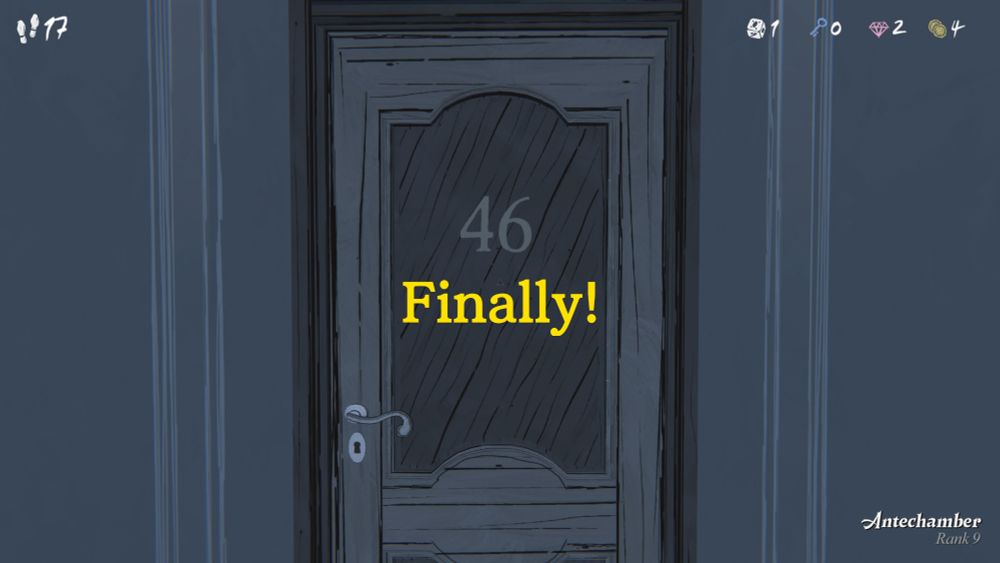 A doorway with the number 46 on. Then the word "finally!" Added on top. It's a screenshot from Blue Prince and this is the fables 46th door.
