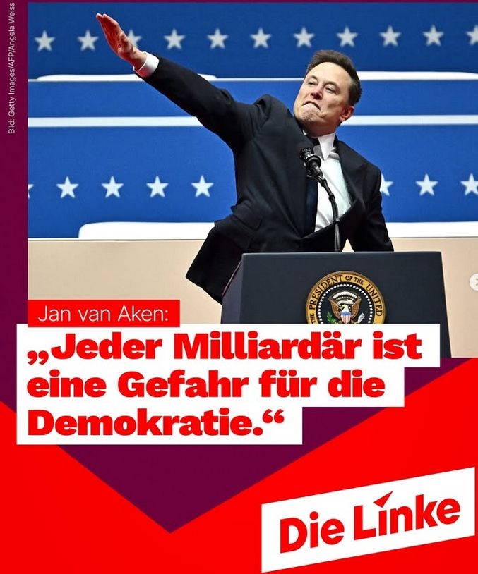 Bild von Elon Musk mit einem Zitat von Jan van Aken: Jeder Milliardär ist eine Gefahr für die Demokratie

