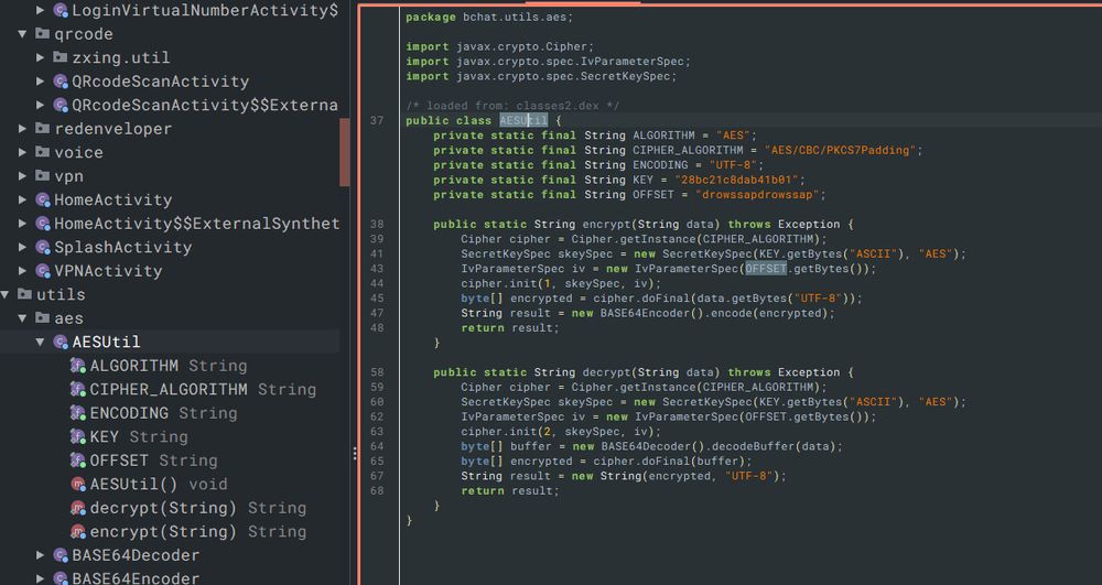 Static cryptography in a malware version of "Bitchat"