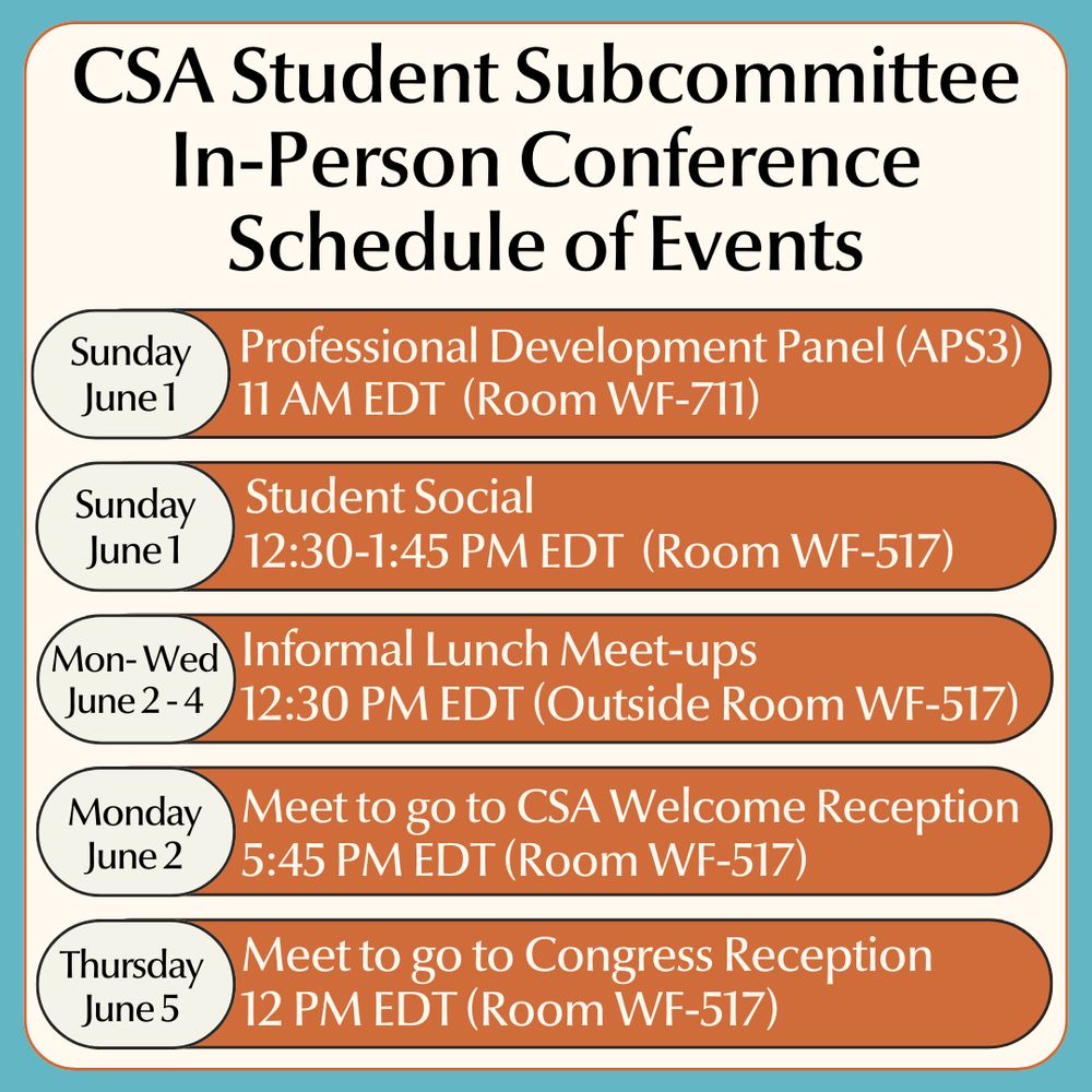 The graphic shows a schedule of events on a cream background. At the top of the image, in black font, it say "CSA Student Subcommittee In-Person Conference Schedule of Events." Below that in orange boxes are 4 different events. Going from top to bottom they say: 
Sunday June 1: A Professional Development Panel, 11am EDT, in room WF-711 

Sunday June 1: Student Social, 12:30-1:45pm EDT, in room WF-517

Mon-Wed, June 2-4: Informal Lunch Meet-ups, 12:30pm EDT (Outside room WF-517)

Monday, June 2: Meet to go to CSA Welcome Reception, 5:45pm EDT in room WF-517

Thursday, June 5: Meet to go to Congress Reception, 12pm EDT in room WF-517