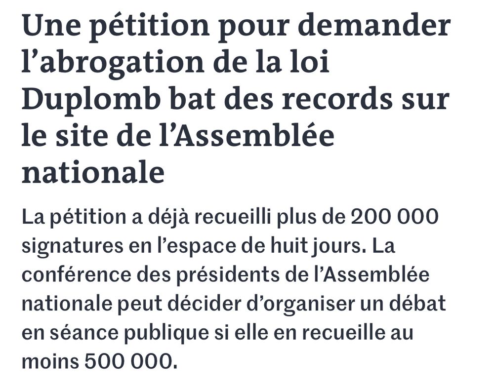 Une pétition pour demander l’abrogation de la loi Duplomb bat des records sur le site de l’Assemblée nationale
La pétition a déjà recueilli plus de 200 000 signatures en l’espace de huit jours. La conférence des présidents de l’Assemblée nationale peut décider d’organiser un débat en séance publique si elle en recueille au moins 500 000.