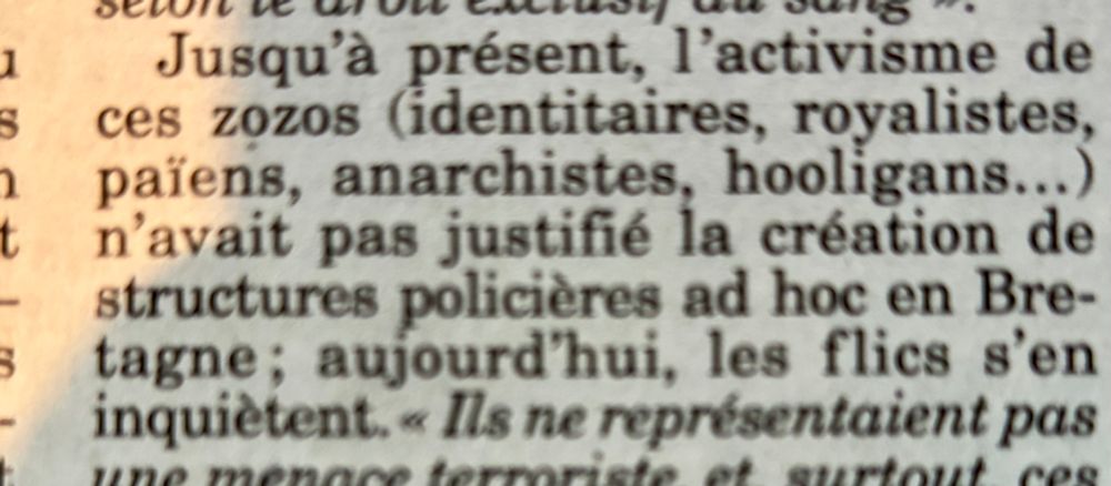 «Ces zozos (identitaires, royalistes, païens, anarchistes, hooligans).»