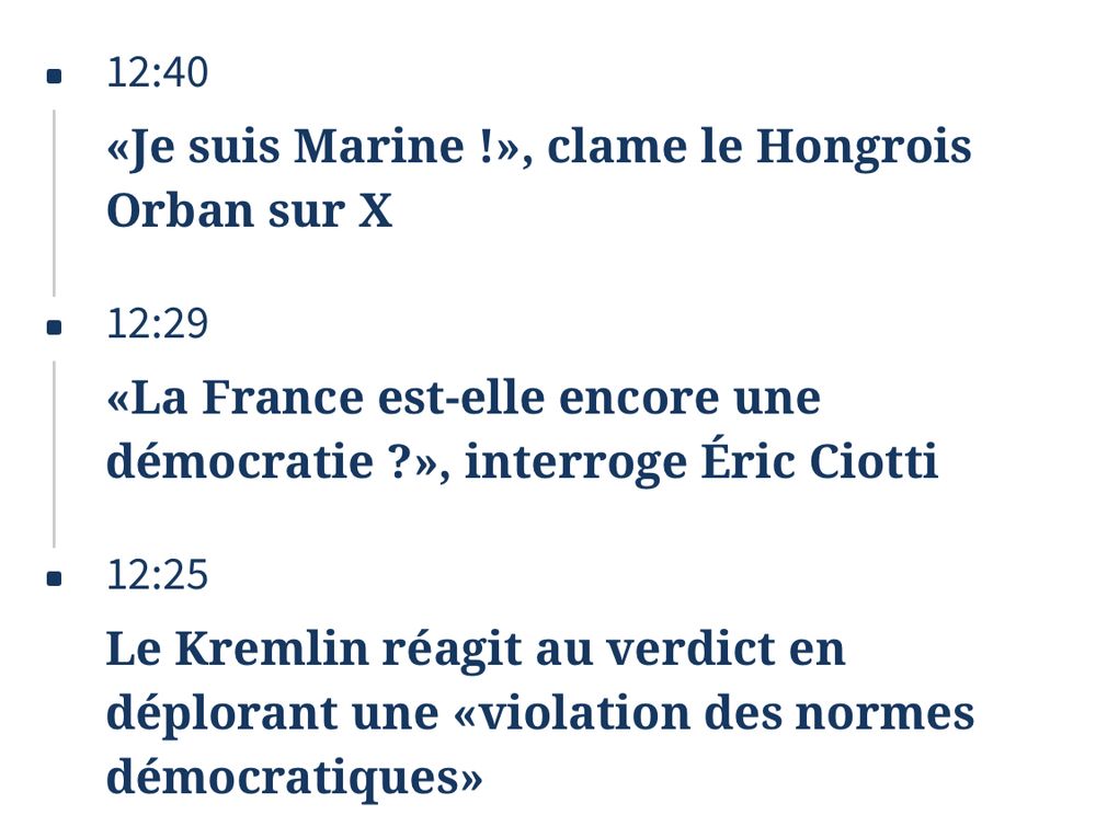 «Je suis Marine !», clame le Hongrois Orban sur X

«La France est-elle encore une démocratie ?», interroge Éric Ciotti

Le Kremlin réagit au verdict en déplorant une «violation des normes démocratiques»