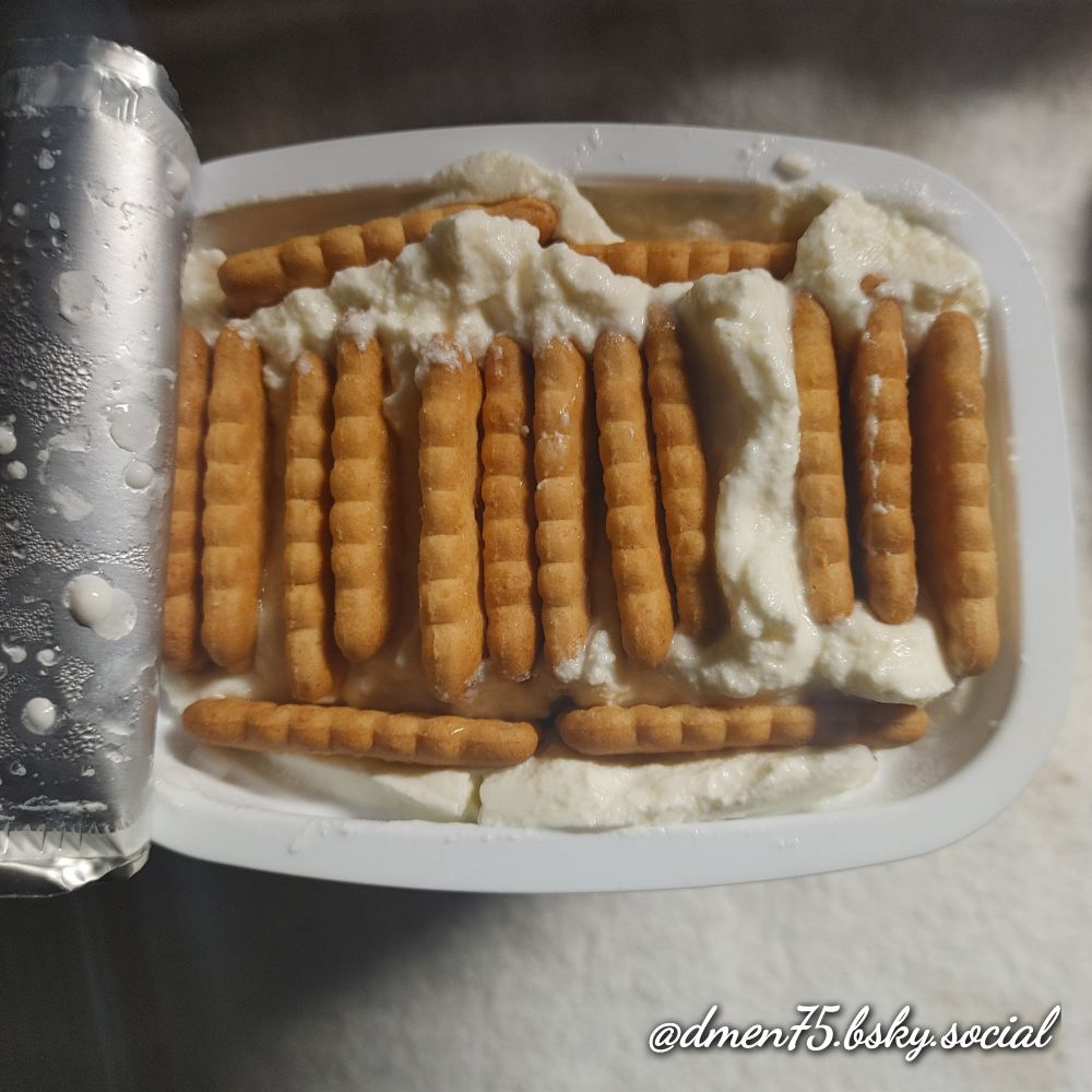 ギリシャヨーグルトにココナッツサブレを入れたところの画像．この後ふたをして冷蔵庫に入れて寝かせる．