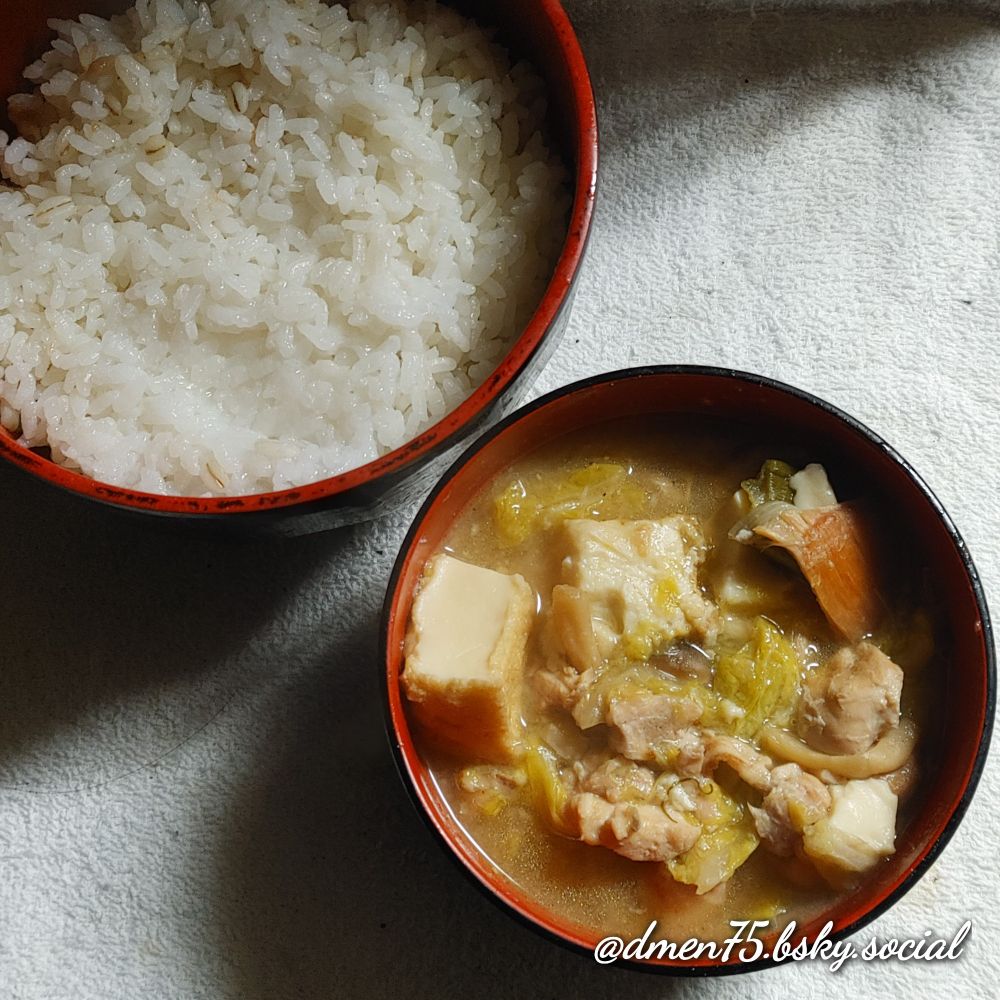 ビタヴァレー入りご飯(左)，鶏もも肉・白菜・しめじ・厚揚げ・ネギの煮込み(右)の画像