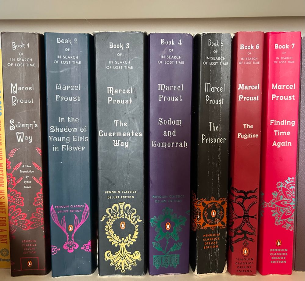A collection of all 7 works of Proust’s “in search of lost time” from the penguin classics deluxe edition. They are arranged on a bookshelf with their spines showing, all different colors