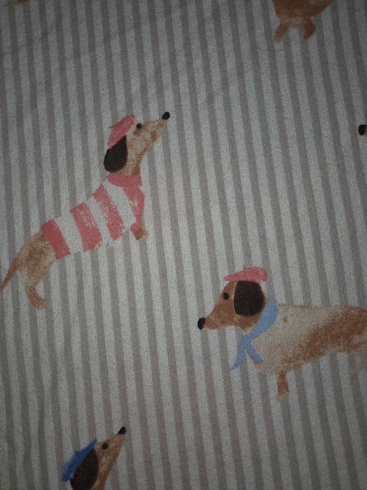 beige and white striped flanellete sheets with dogs wearing berets and sweaters on them