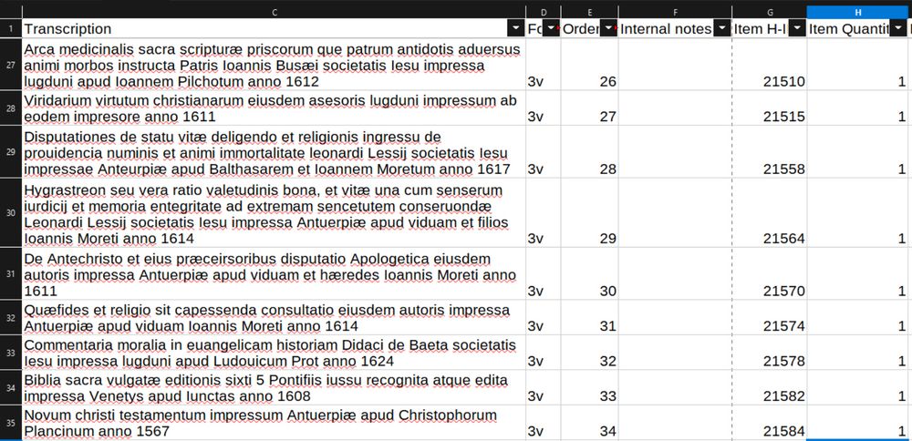 Screenshot of my spreadsheet for recording identifications. Columns left to right are transcription, folio where entry occurs, order of entry in sequence, internal notes (all blank here), ID of the Item matching that entry in my database, and how many items (copies) there are.