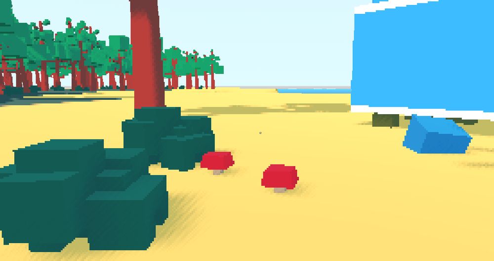 2 red capped mushrooms can be seen next to two green bushes