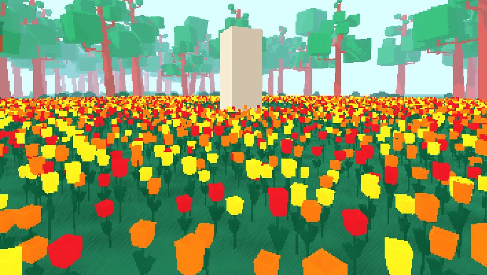 A flower field with cube in the middle
