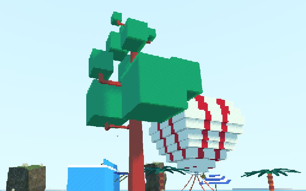s low poly tree, behind a hot air balloon can be seen