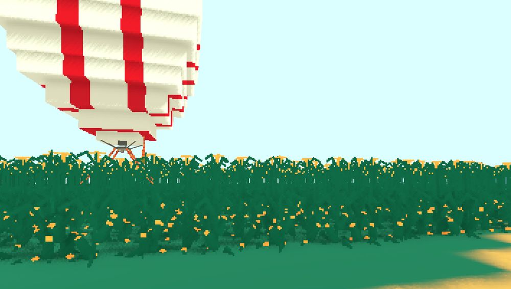 low poly balloon in middle of cornfield viewed from diagonal angle