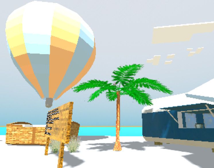 a scene consist of hot air balloon, palm tree, a building