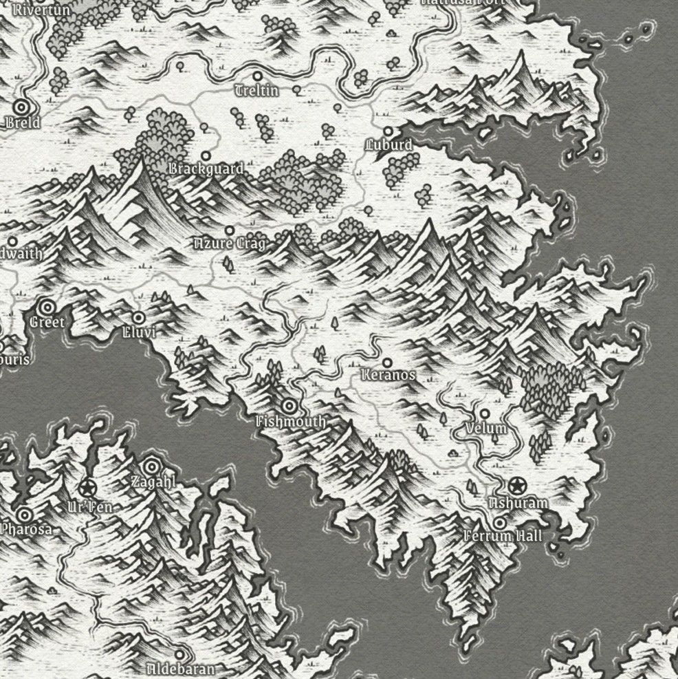 A black and white fantasy map depicting an archipelago off the shores of two continents, the largest of the islands is home to various large settlements, forests and mountains