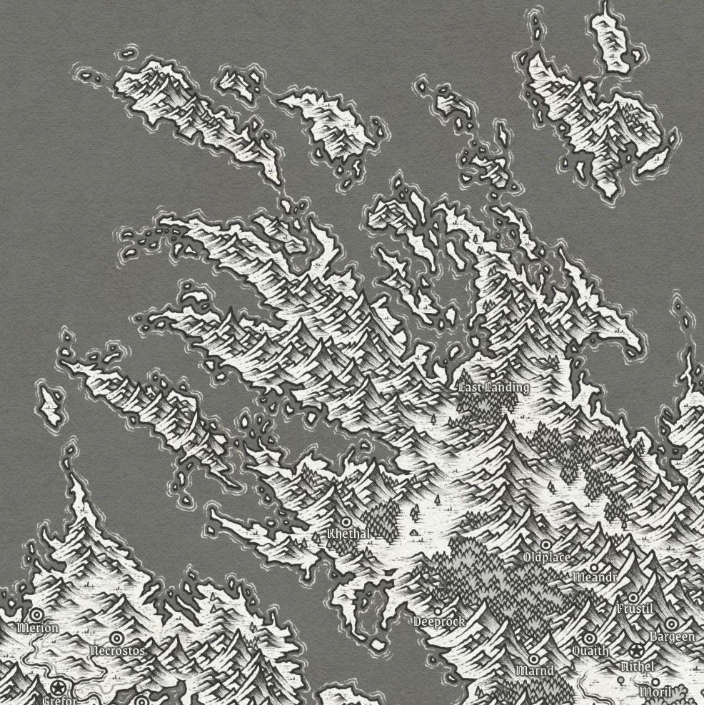 A black and white fantasy map depicting two continents that are separate by a narrow sea. Both landmasses feature mountains, forests, and various settlements