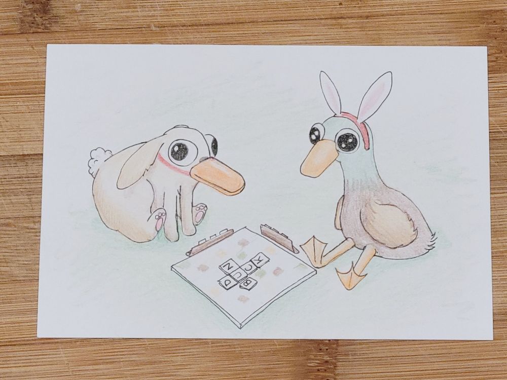 a colored pencil drawing of a bunny wearing a duck beak mask, and a duck wearing a bunny ears headband, they're playing scrabble and the letters spell "duck" intersecting with "bun"