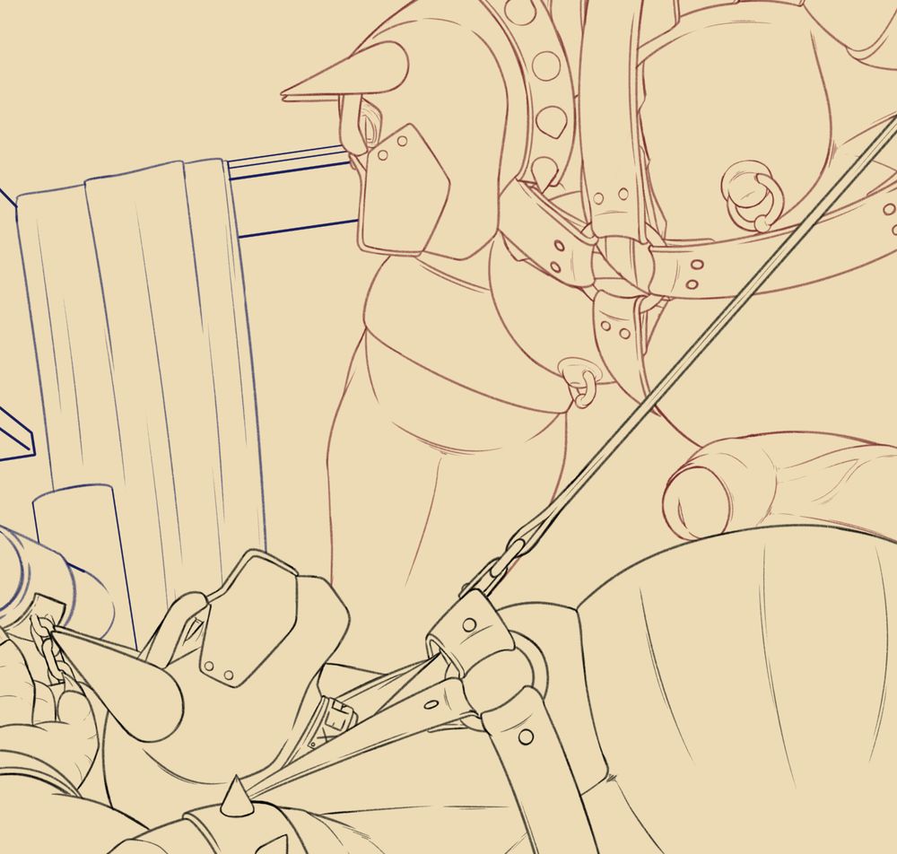 WIP sketch of two big kaiju dudes in pup gear