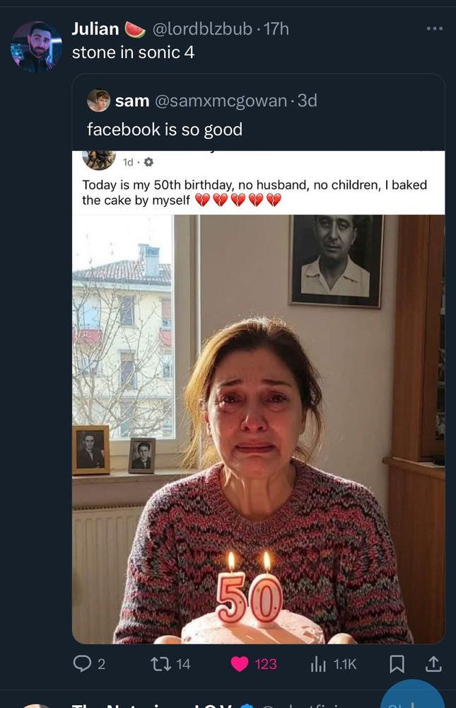 A screenshot of the original meme and a caption from Twitter (I refuse to call it X) user @lordblzbub that says “stone in sonic 4” the original meme is of a very sad woman in her home holding a cake with a caption that says “Today is my 50th birthday, no husband, no children, I baked the cake by myself.” 