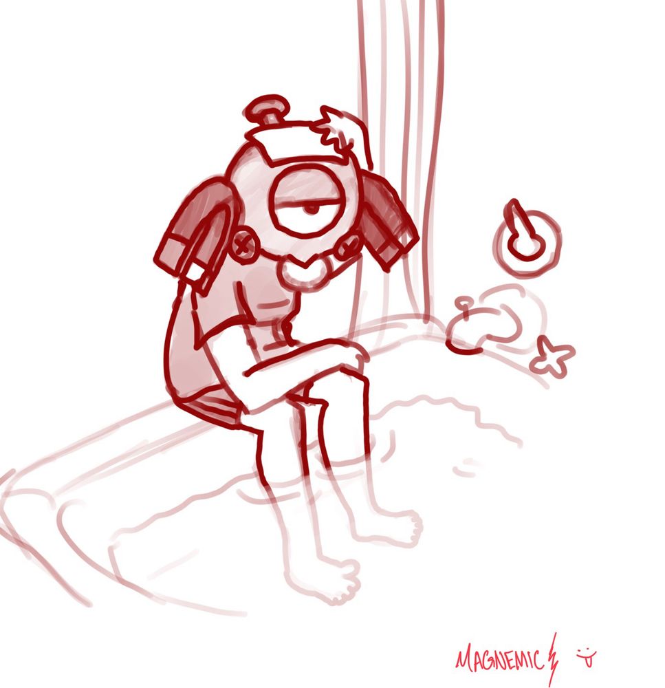 A very rough doodle of my sona sitting on the edge of a bathtub with their feet in the water, holding an ice pack on their head, and eating an uncrustable. 