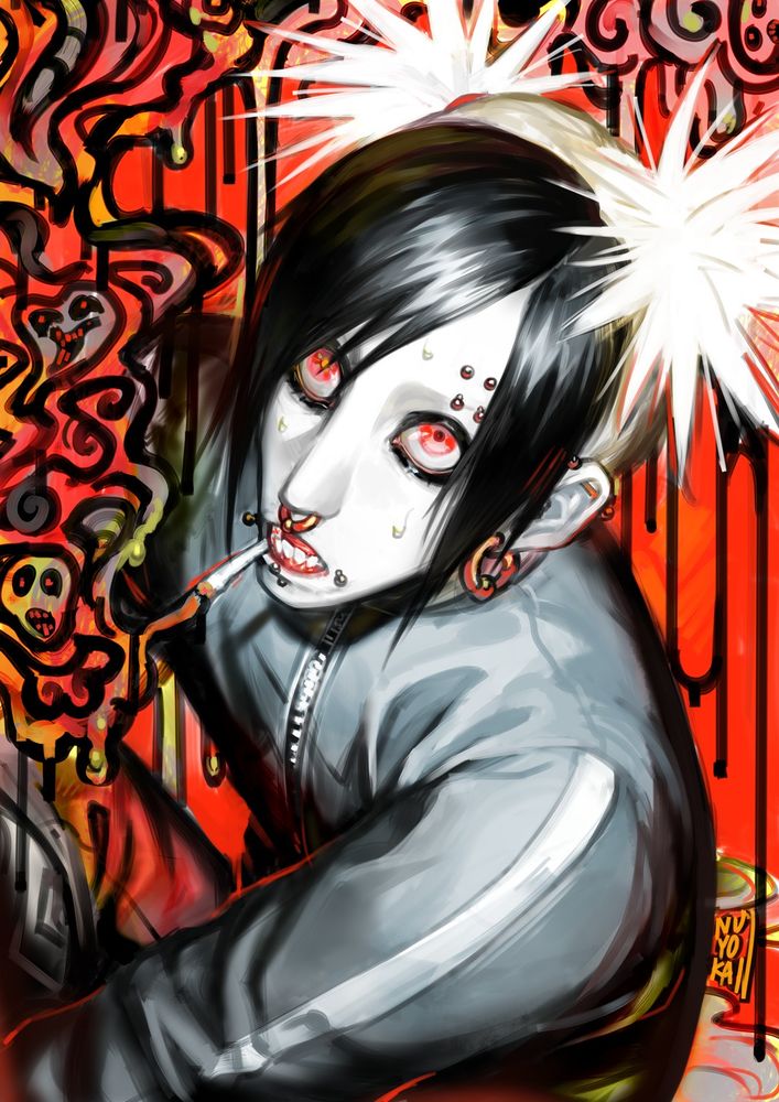 Digital illustration of a character smoking something. There's colourful squiggles coming out of their cigarette, and the background is painted in a vibrant pattern of red overlayed with other colours.