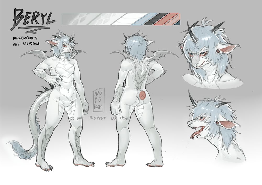 Reference sheet of a dragon and kirin hybrid fursona. They have white fur and scales, and their hair is light blue.