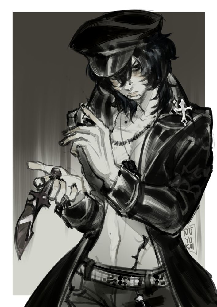 Digital sketch of a character in a leather coat, cap and dark jeans holding a knife. They have black hair, tattoos and piercings, and the drawing is coloured with black and warm greys.