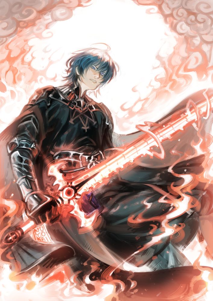 An illustration of male Byleth from Fire Emblem: Three Houses. He's surrounded by flames and wielding the Sword of the Creator, which is glowing bright orange. He has an angry and determined expression on his face.