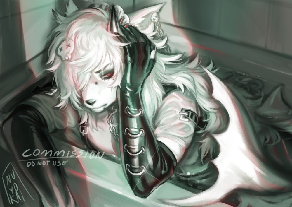 Digital illustration of a furry character in a bathtub. He has long white hair, a shark tail, and horns.