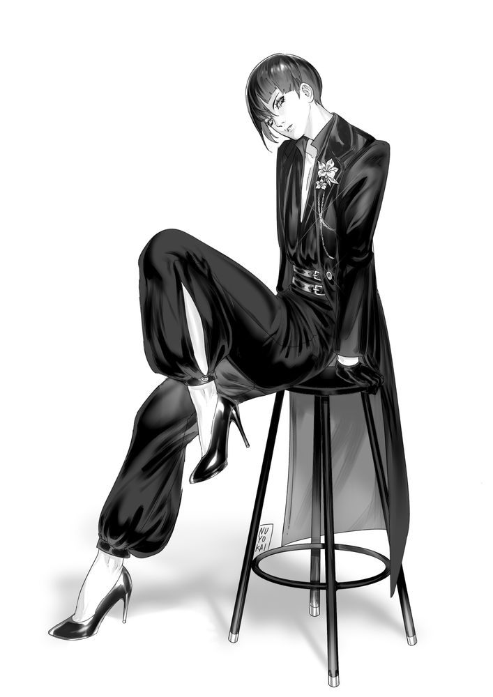 Black and white drawing of the protagonist from Shin Megami Tensei V. He's wearing an all black semi-formal outfit with high heels.