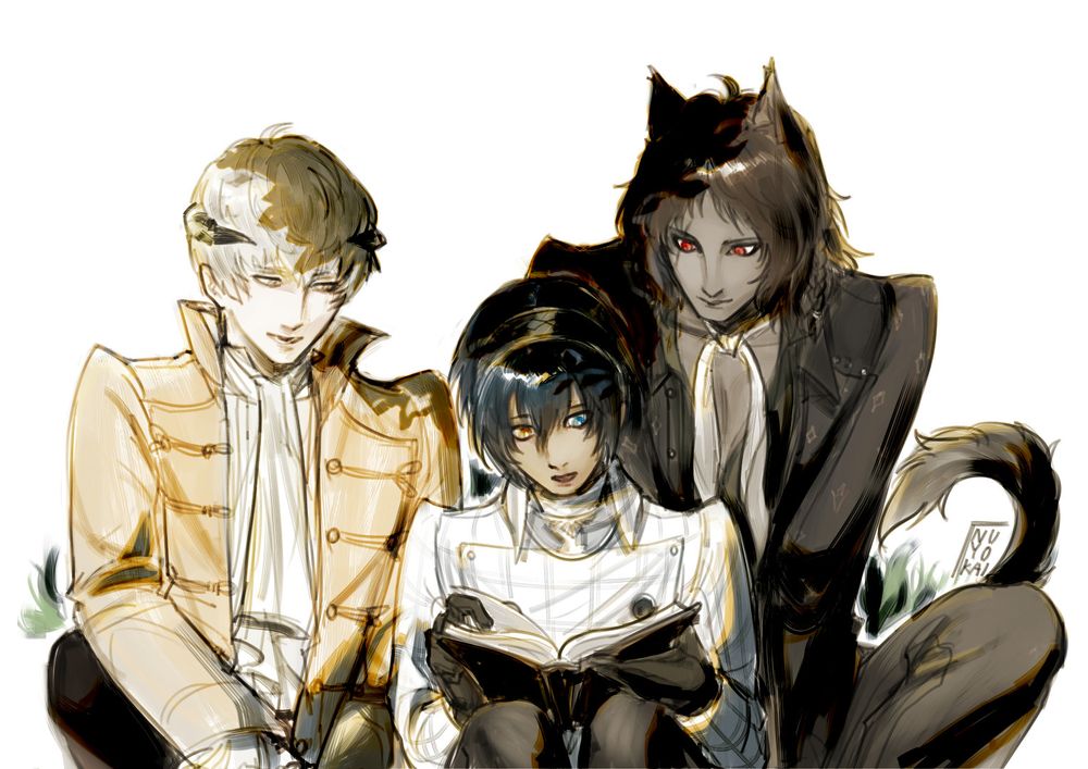 Coloured digital sketch of Strohl, Will, and Basilio from Metaphor: ReFantazio. They're sitting down and reading a book.
