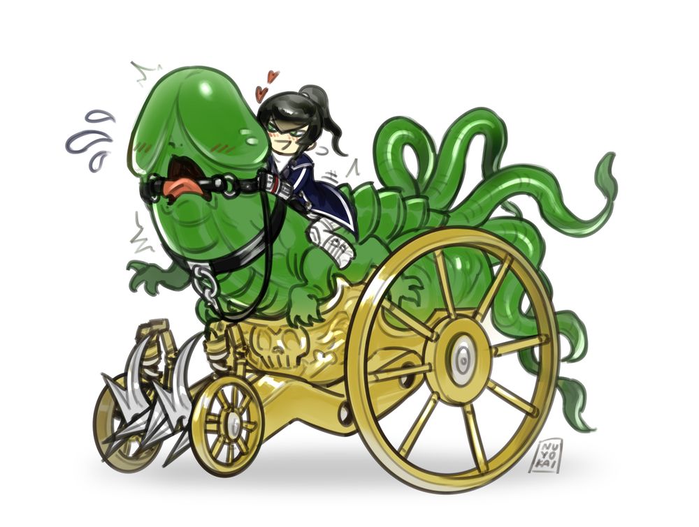 A simplistic, silly drawing of Flynn from Shin Megami Tensei IV riding on the back of Mara. He has the demon on a collar and leash, with a gag in its mouth.