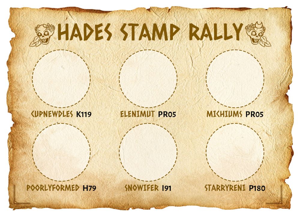 a stamp card for the Hades stamp rally showing the names and locations for the artists involved
