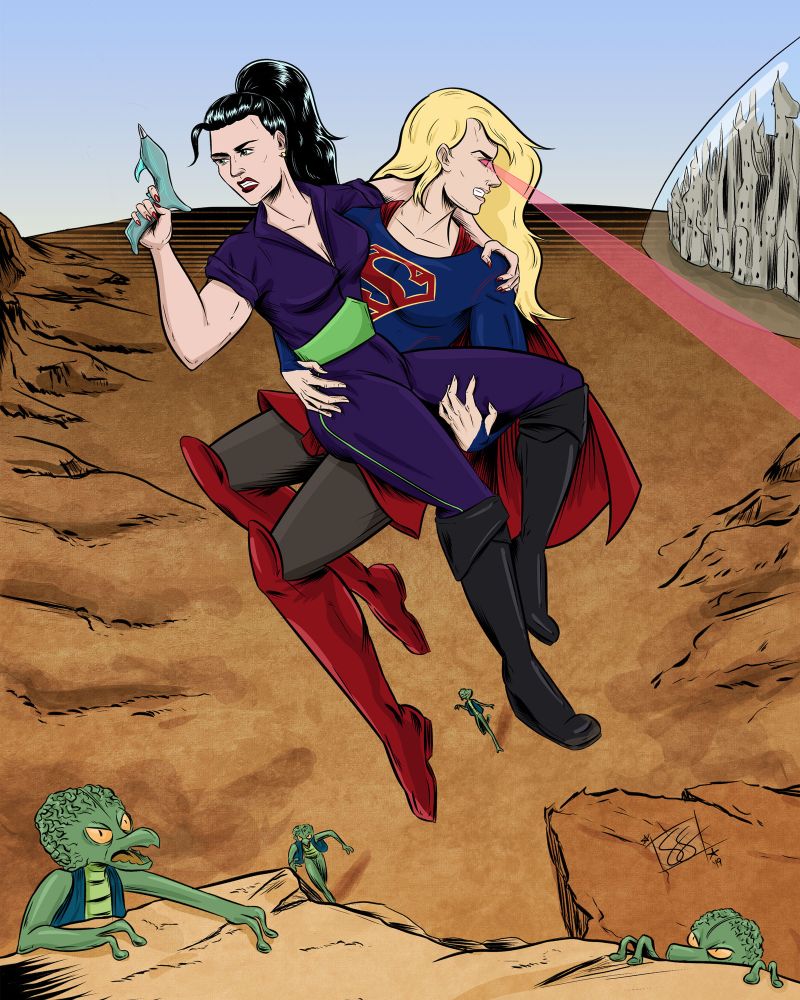 illustration of Lena Luthor and Kara Danvers (aka Supergirl). Kara is wearing the Supergirl costume and floating in the air, carrying Lena, who is wearing a purple jumpsuit with green trim and black boots. Lena is looking to the left and holding a retro-futuristic ray gun. Kara is beaming lasers from her eyes to the right. Below them on desert terrain, green aliens are climbing up a cliff toward them with more running towards them below. In the distance is a city under a glass dome.