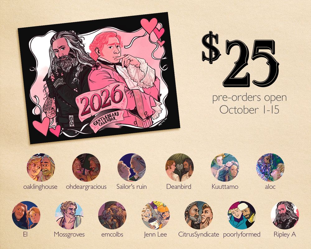 graphic showing the cover of the calendar, with Ed and Stede in shades of black and pink and hearts around them. the calendar will be $25 and preorders will be open from October 1-15