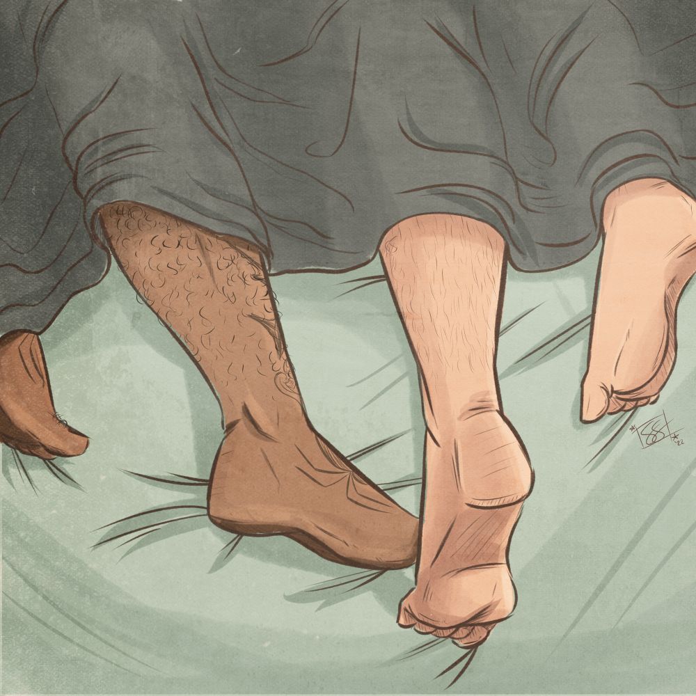 illustration of Ed and Stede from Our Flag Means Death, recreating the scene in which Ed reaches out with his right foot to touch Stede's left foot, except in this version they are barefooted and in bed.