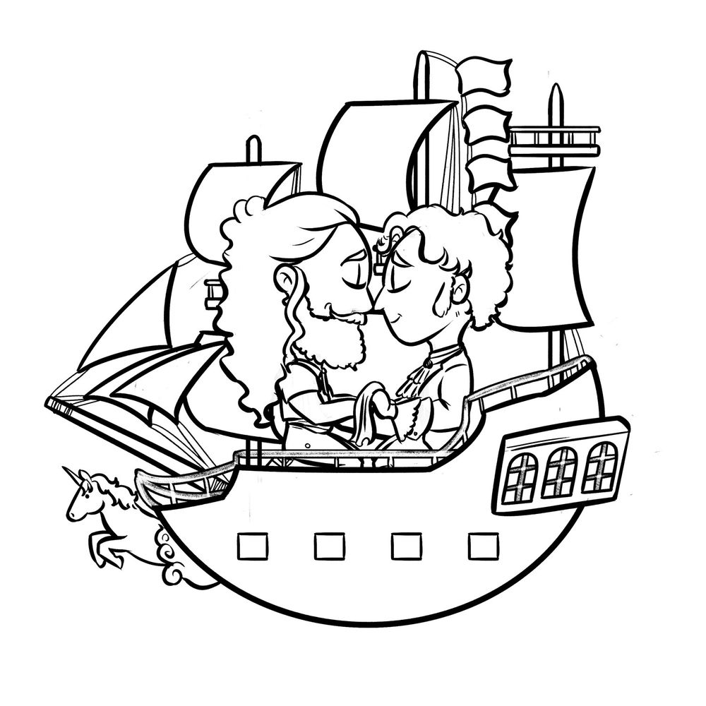lineart of chibi Ed and Stede kneeling on the Revenge facing each other and holding hands