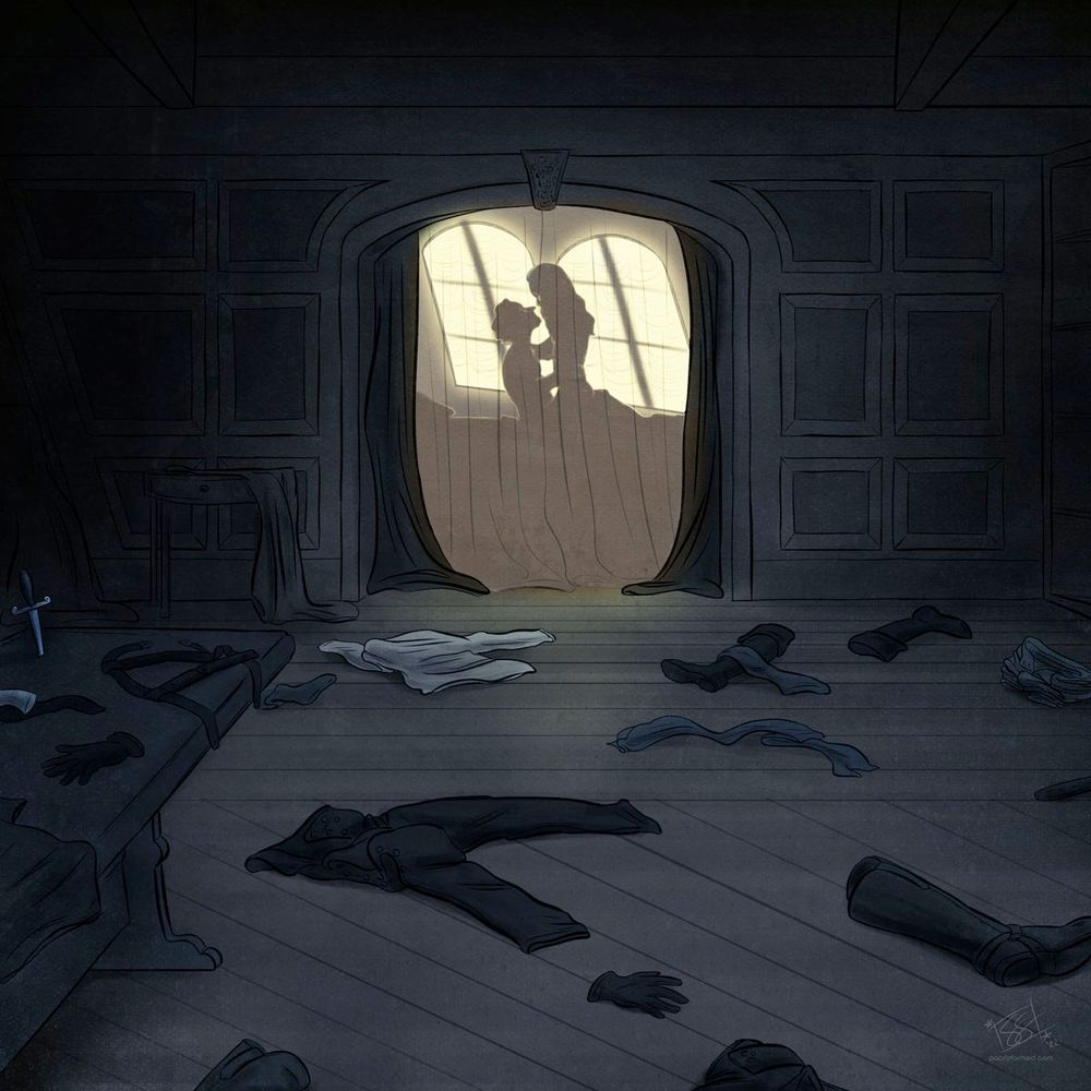 Illustration of the captain's quarters aboard the Revenge, after Ed emptied it out. The room is dark, and there is a table/desk to the left. On the table is a discarded shirt, a glove, a gun and belt, a knife driven into the wood, and Ed's brace. Clothes are also strewn all over the floor: two pairs of boots, a leather jacket, a leather glove, a pair of leather trousers, a pair of breeches, stockings, a belt, a scarf, a shirt. All leading like a path to the back of the illustration, where the bunk is. It's illuminated by golden light, and through a gauzy curtain, the silhouettes of Stede and Ed can be seen on the bed. Ed is in Stede's lap, and they are looking at one another.