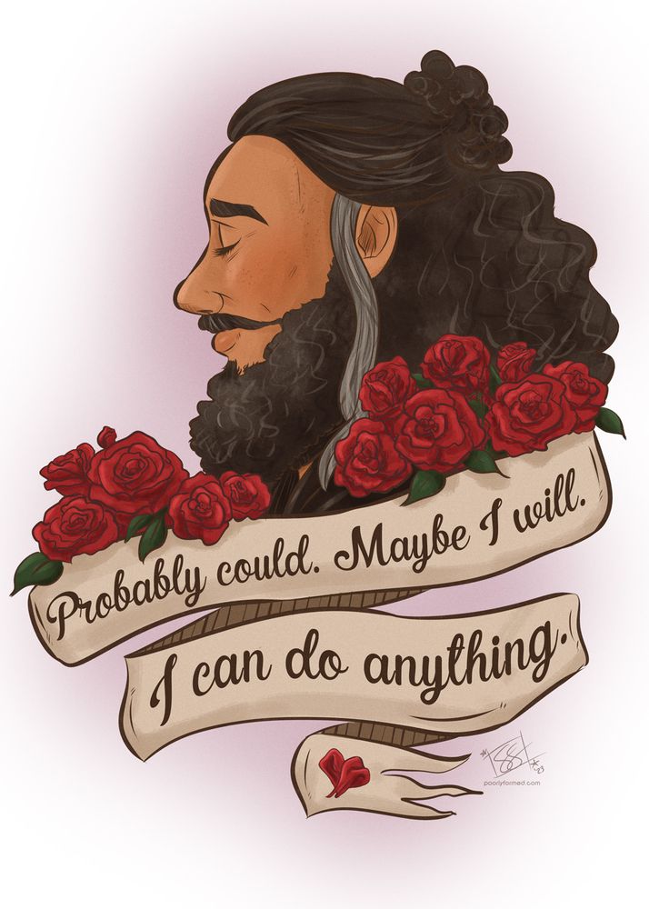profile illustration of Ed. He is facing left with his eyes closed, smiling softly. Red roses frame him on the bottom, and a banner winds beneath him. It reads "Probably could. Maybe I will. I can do anything." On the last part of the banner is a drawing of the red silk, folded into a heart shape.