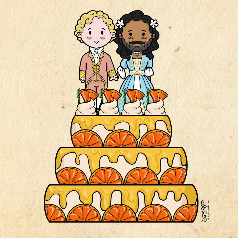 Ed and Stede as chibified versions of the cake toppers from season 2, standing on top of a 3-tiered 40-orange glaze cake.
