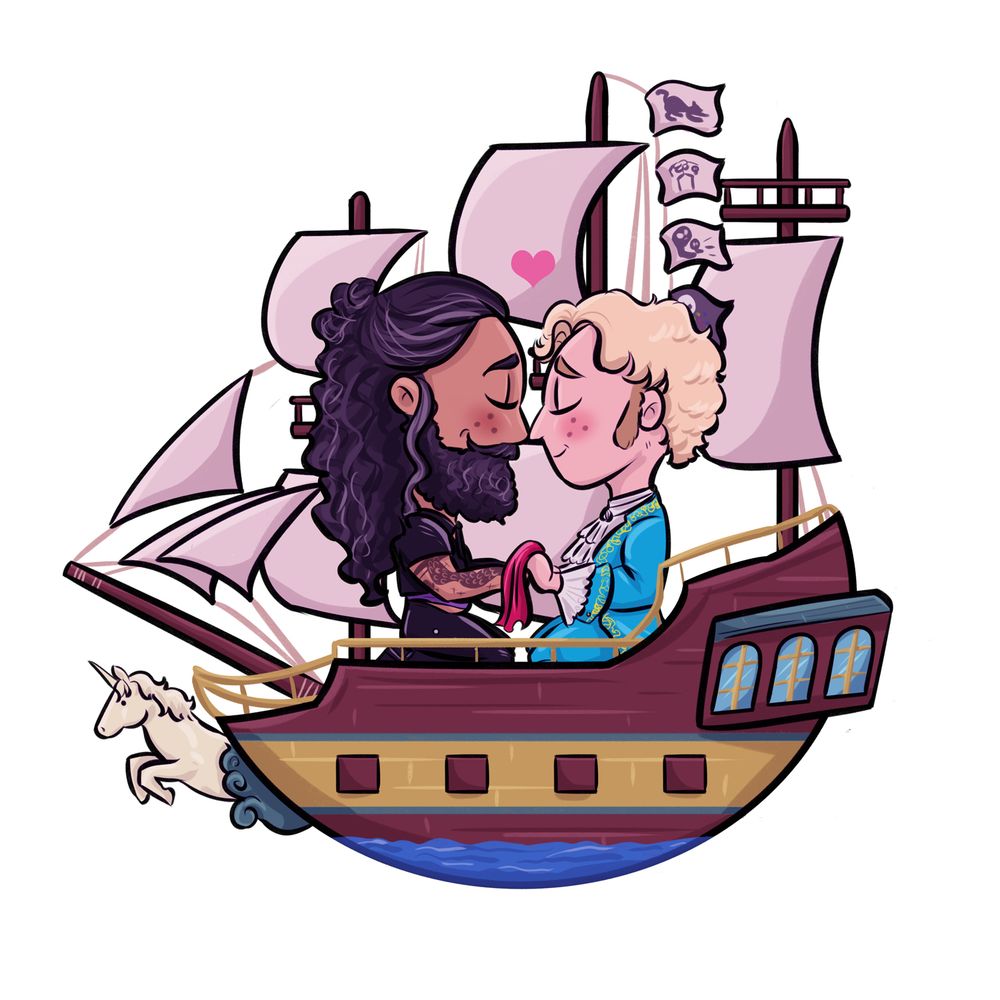 art of chibi Ed and Stede kneeling on the Revenge facing each other and holding hands