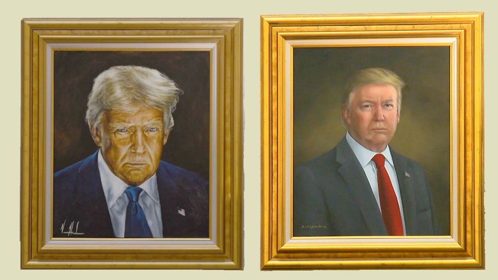 Two framed portraits of Donald Trump are displayed side-by-side. The portrait on the left shows him with a serious expression, wearing a dark suit and blue tie. The portrait on the right shows him from the chest up, wearing a dark suit and a red tie, with a more neutral expression. Both portraits are set in ornate gold frames.