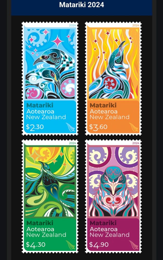 The stamp issue for July celebrates the Māori New Year. The Matariki 2024 stamps represent artist Shane Hansen’s personal connection with the annual festival. Focusing on the tūī as a central theme, the stamps represent the present, the past, the future and wellness. 

The issue includes four numbered fine art prints, all hand-signed by the artist and with 100 of each available worldwide.

Central to the art featured on these stamps is Te Tūī Kaitiaki - the guardian tūī. Shane explains: “I am drawn to him. As I age, my affection and connection grow. His wairua, brightness and vibrancy for life remind me of what it means to be alive. Live true, live full, live real! Wear your feathers with pride, be bold, be brave, believe. E tōku Tūī Kaitiaki.’’  
 
Each stamp carries reflections of others, observed together, they show the many ancient interconnections of Matariki.
