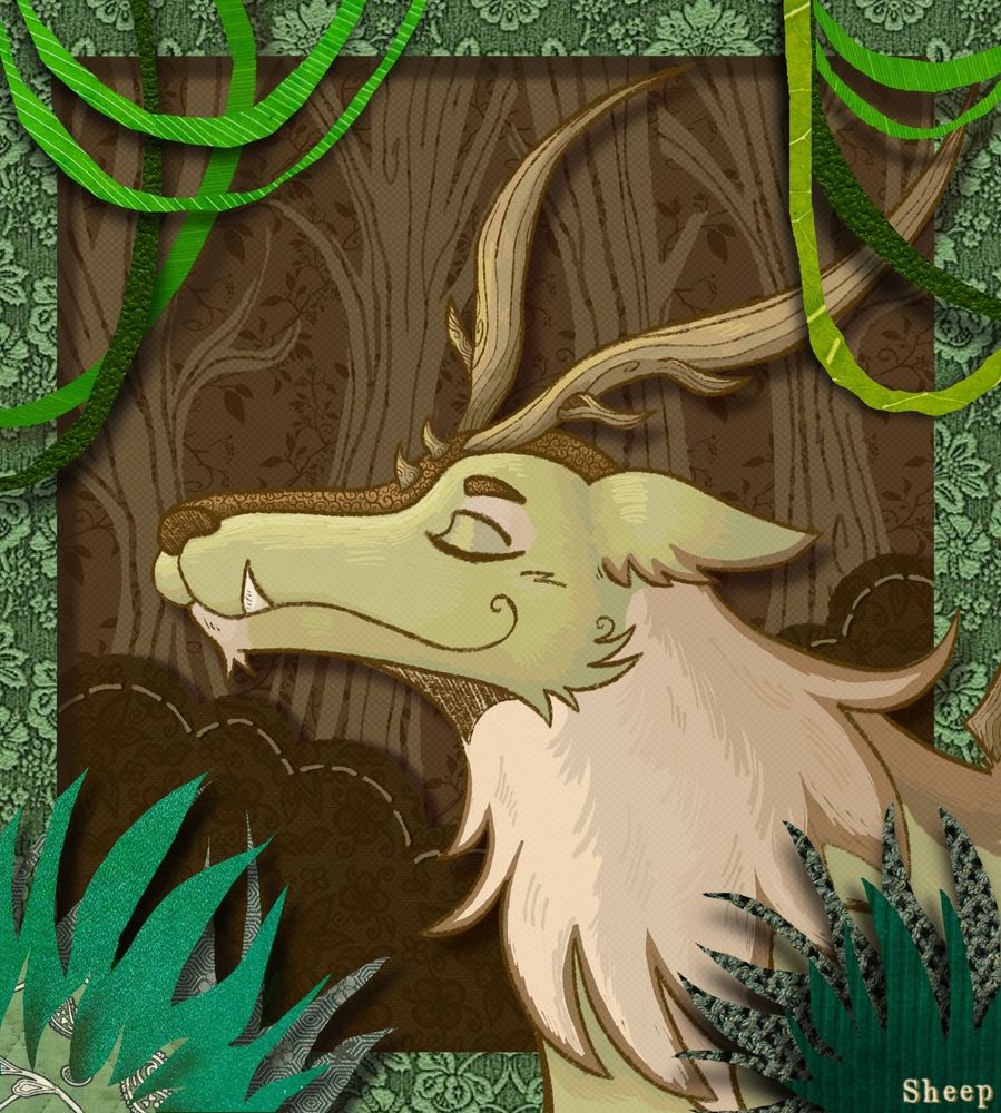 An artfight attack depicting a bust of an ancient deer-like fae named Eeidpère. His color palette is made up of shades of both green and brown. He has large horns that have a woodlike texture and small spiral decals upon the stripe of his head. The background is made of darker browns with floral patterns one would see on old wallpaper. The middle and foreground are made up of collage-like pieces of a jungle. Like vines hanging from above and bushes in the corners of the piece. 