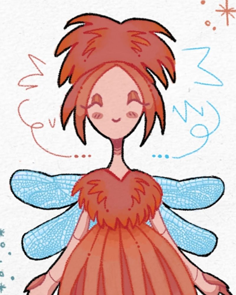This image is a final close-up of the flower faerie fullbody, underneath the bust. This image captures half of their body, showing off the little colorful linework I did in not only on their clothes and the rest of their features, but in their dragonfly wings. This took me a long while so I did want to showcase this. Again, all done in watercolor.
