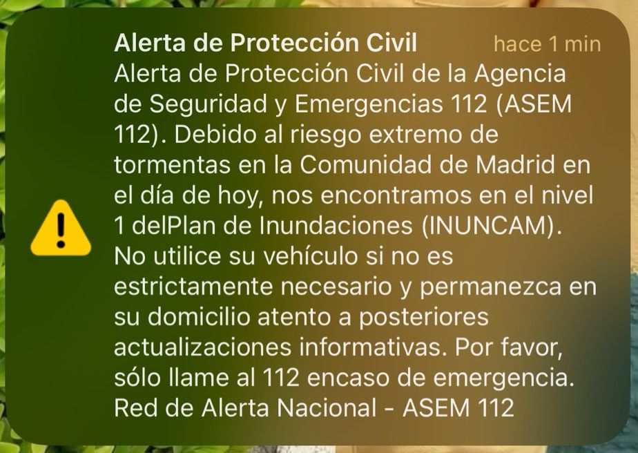 Alerta de Protección Civil de ASEM 112 por riesgo extremo de tormentas hoy en la Comunidad de Madrid
