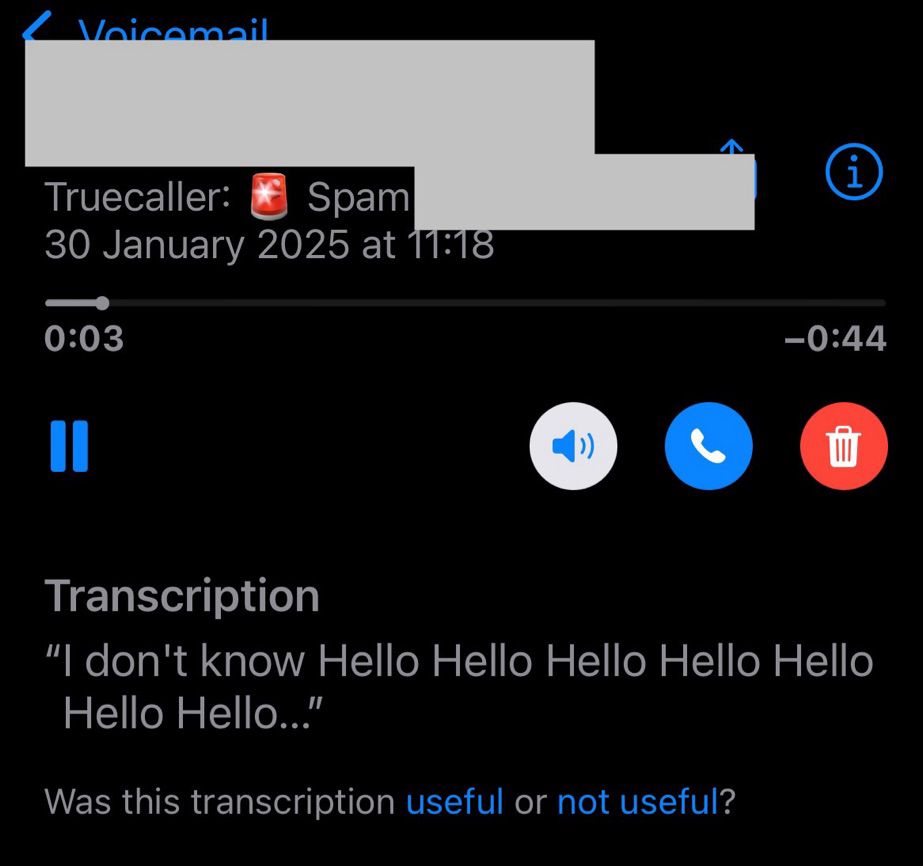 Screenshot of iOS transcription of spammer saying hello repeatedly
