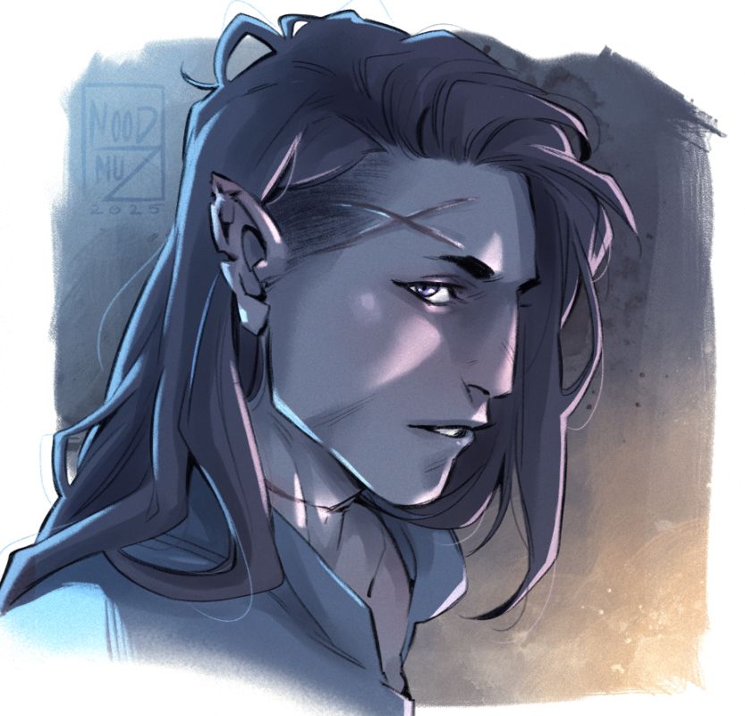 Yasha (drow) in profile, looking at the viewer. A cross-shaped scar on his temple. Moonlight shines on him from behind and a warm light shines on his face.