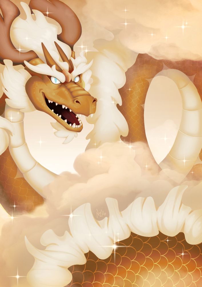 A golden eastern dragon, with his body snaking around the clouds