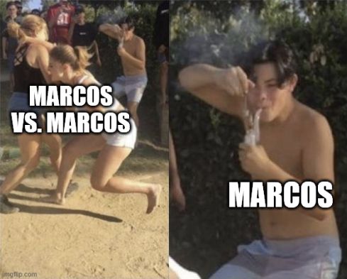 a meme where two people are fighting on the left while a man on the right smokes. the left is labeled "marcos vs. marcos" and the right is labeled "marcos"
